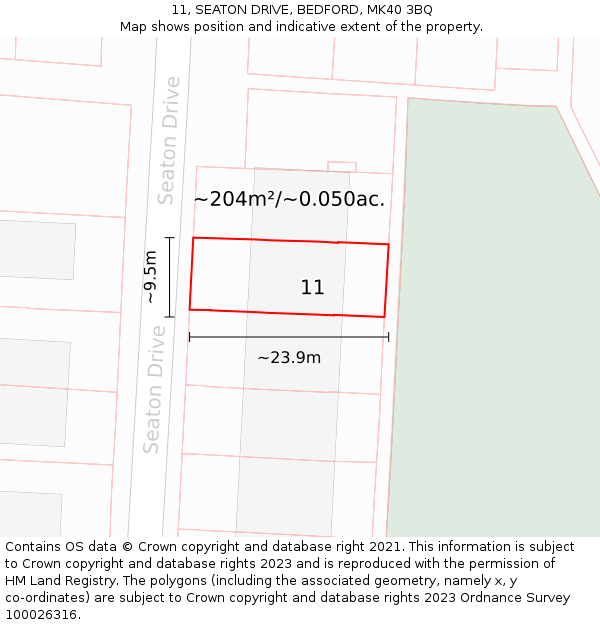 11, SEATON DRIVE, BEDFORD, MK40 3BQ: Plot and title map
