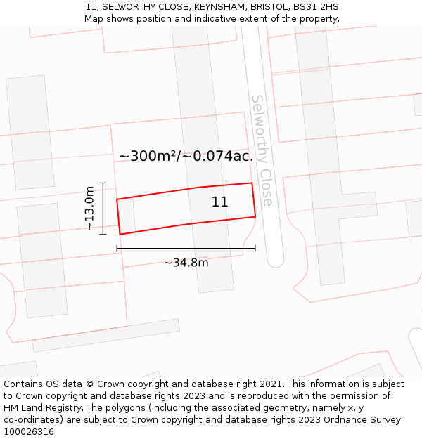 11, SELWORTHY CLOSE, KEYNSHAM, BRISTOL, BS31 2HS: Plot and title map