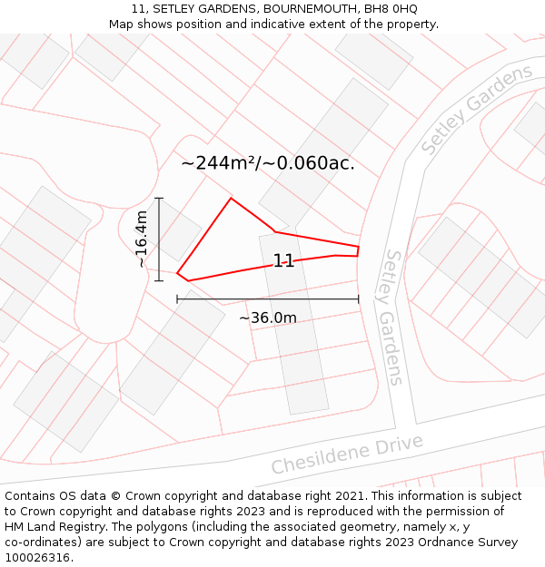 11, SETLEY GARDENS, BOURNEMOUTH, BH8 0HQ: Plot and title map