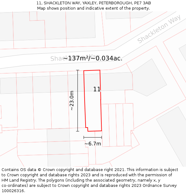 11, SHACKLETON WAY, YAXLEY, PETERBOROUGH, PE7 3AB: Plot and title map