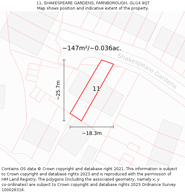 11, SHAKESPEARE GARDENS, FARNBOROUGH, GU14 9QT: Plot and title map