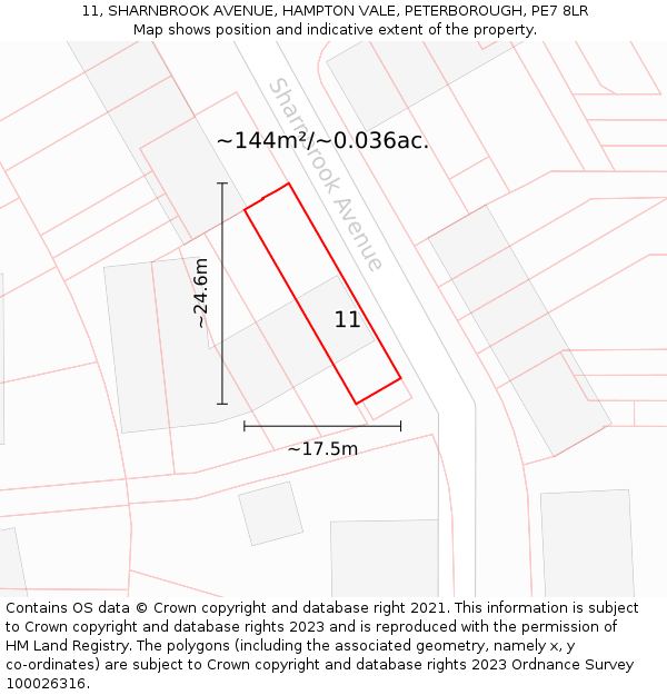 11, SHARNBROOK AVENUE, HAMPTON VALE, PETERBOROUGH, PE7 8LR: Plot and title map