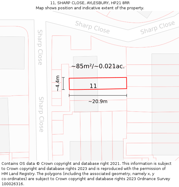 11, SHARP CLOSE, AYLESBURY, HP21 8RR: Plot and title map