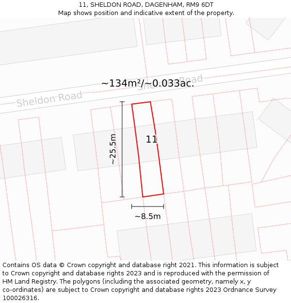 11, SHELDON ROAD, DAGENHAM, RM9 6DT: Plot and title map