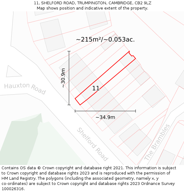 11, SHELFORD ROAD, TRUMPINGTON, CAMBRIDGE, CB2 9LZ: Plot and title map