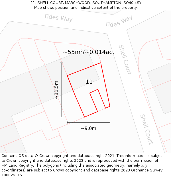 11, SHELL COURT, MARCHWOOD, SOUTHAMPTON, SO40 4SY: Plot and title map