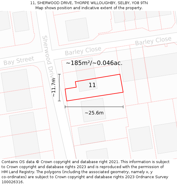 11, SHERWOOD DRIVE, THORPE WILLOUGHBY, SELBY, YO8 9TN: Plot and title map
