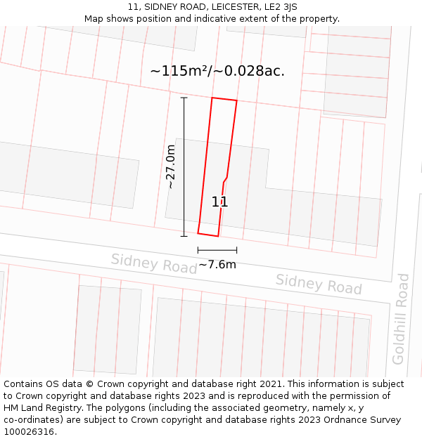 11, SIDNEY ROAD, LEICESTER, LE2 3JS: Plot and title map