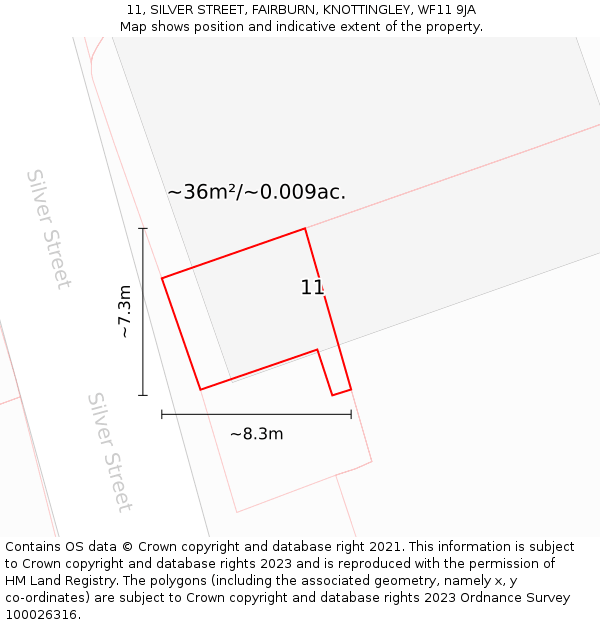 11, SILVER STREET, FAIRBURN, KNOTTINGLEY, WF11 9JA: Plot and title map