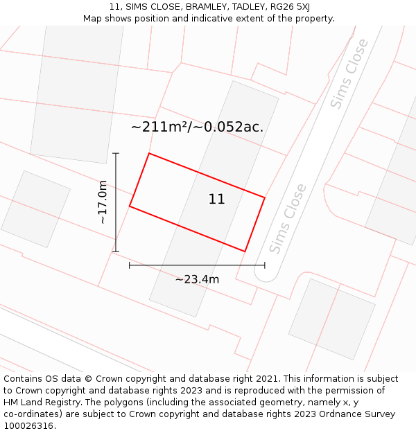 11, SIMS CLOSE, BRAMLEY, TADLEY, RG26 5XJ: Plot and title map