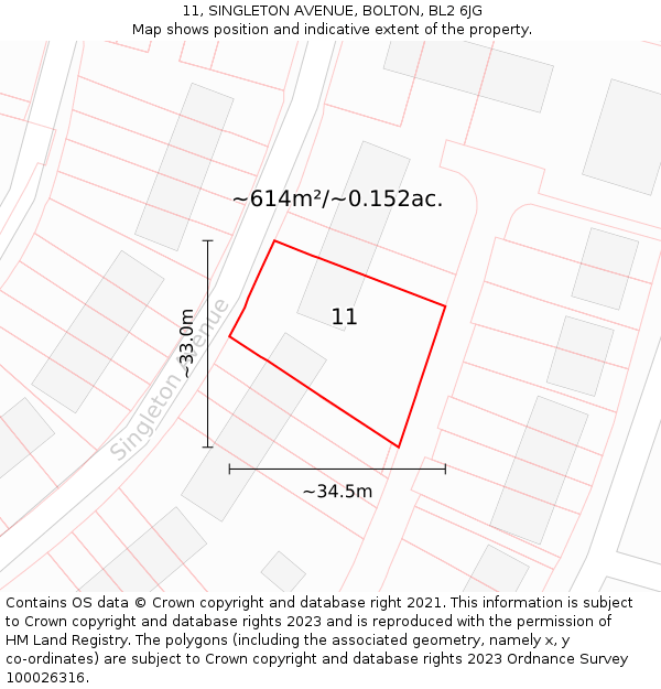 11, SINGLETON AVENUE, BOLTON, BL2 6JG: Plot and title map