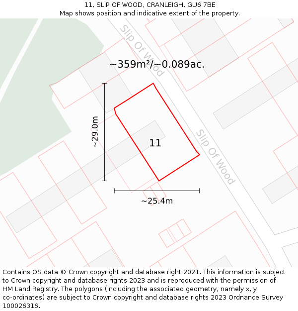 11, SLIP OF WOOD, CRANLEIGH, GU6 7BE: Plot and title map