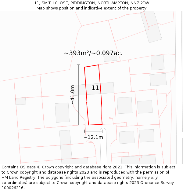 11, SMITH CLOSE, PIDDINGTON, NORTHAMPTON, NN7 2DW: Plot and title map