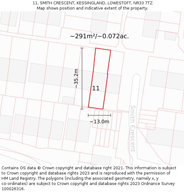 11, SMITH CRESCENT, KESSINGLAND, LOWESTOFT, NR33 7TZ: Plot and title map