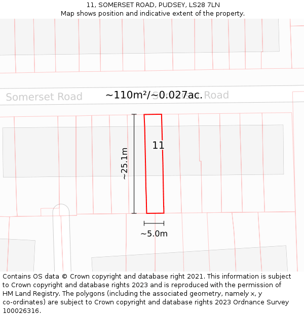 11, SOMERSET ROAD, PUDSEY, LS28 7LN: Plot and title map
