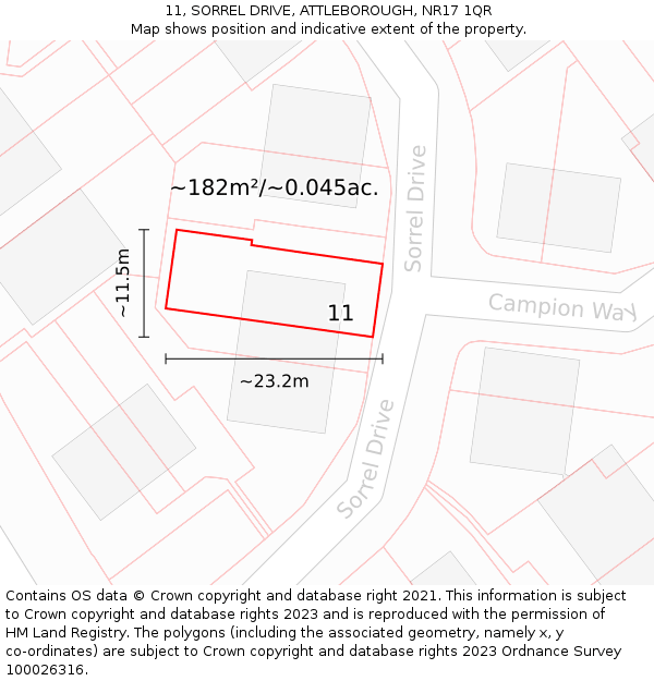 11, SORREL DRIVE, ATTLEBOROUGH, NR17 1QR: Plot and title map