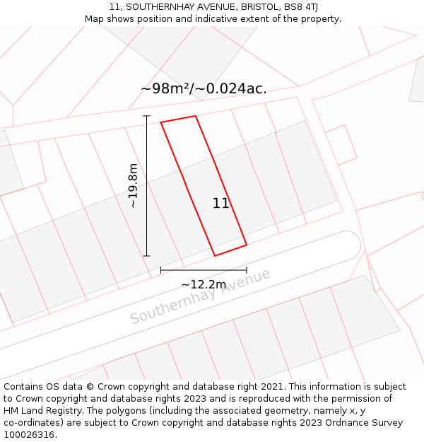 11, SOUTHERNHAY AVENUE, BRISTOL, BS8 4TJ: Plot and title map