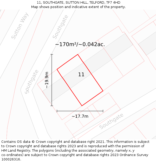 11, SOUTHGATE, SUTTON HILL, TELFORD, TF7 4HD: Plot and title map