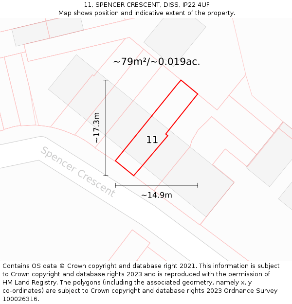11, SPENCER CRESCENT, DISS, IP22 4UF: Plot and title map