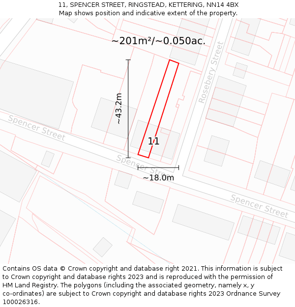 11, SPENCER STREET, RINGSTEAD, KETTERING, NN14 4BX: Plot and title map