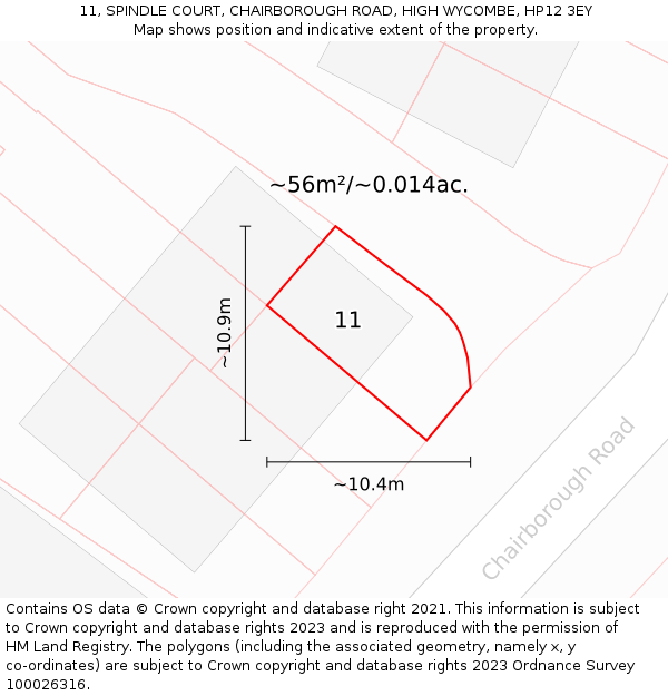 11, SPINDLE COURT, CHAIRBOROUGH ROAD, HIGH WYCOMBE, HP12 3EY: Plot and title map