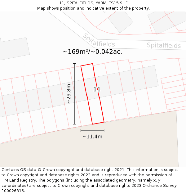 11, SPITALFIELDS, YARM, TS15 9HF: Plot and title map
