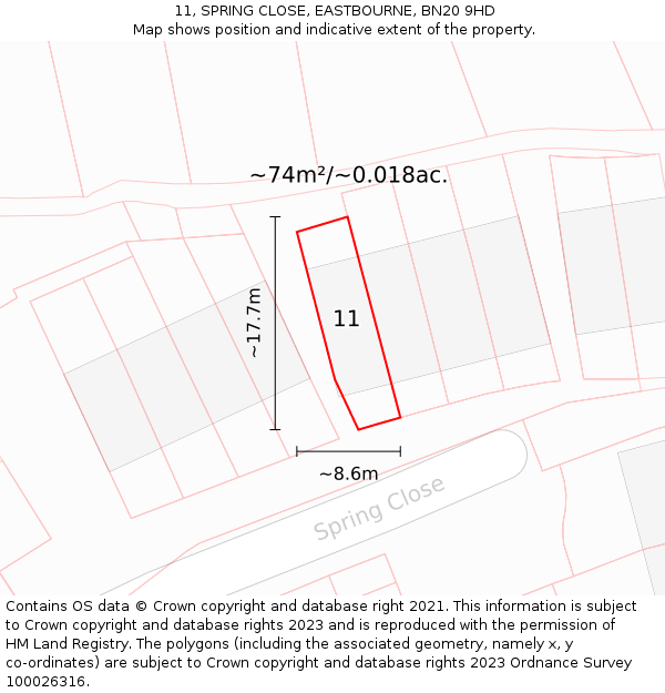 11, SPRING CLOSE, EASTBOURNE, BN20 9HD: Plot and title map