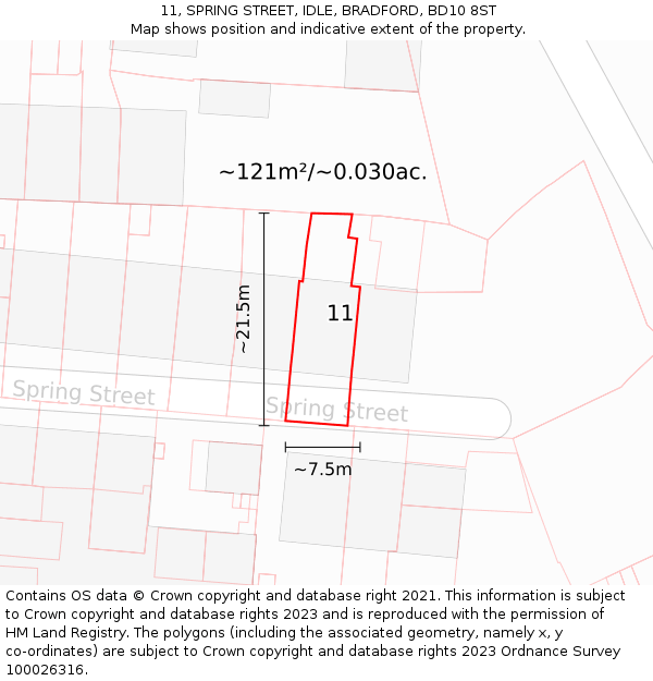 11, SPRING STREET, IDLE, BRADFORD, BD10 8ST: Plot and title map