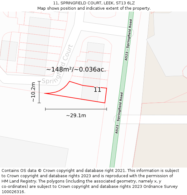 11, SPRINGFIELD COURT, LEEK, ST13 6LZ: Plot and title map
