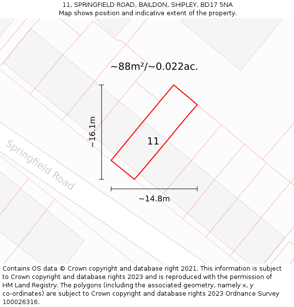 11, SPRINGFIELD ROAD, BAILDON, SHIPLEY, BD17 5NA: Plot and title map