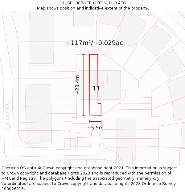 11, SPURCROFT, LUTON, LU3 4EG: Plot and title map