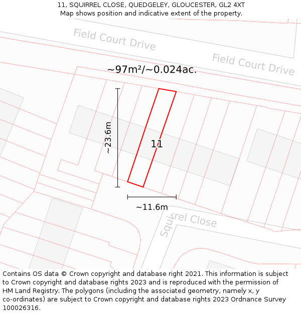 11, SQUIRREL CLOSE, QUEDGELEY, GLOUCESTER, GL2 4XT: Plot and title map