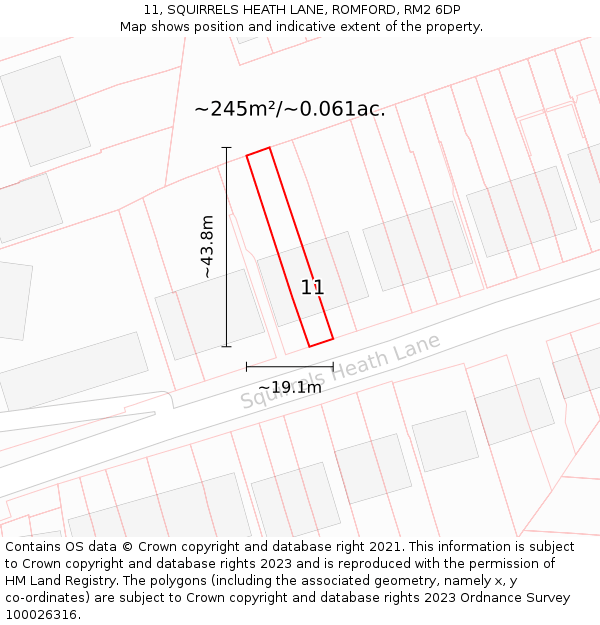 11, SQUIRRELS HEATH LANE, ROMFORD, RM2 6DP: Plot and title map