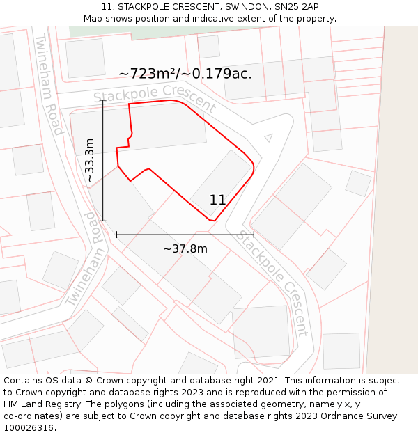 11, STACKPOLE CRESCENT, SWINDON, SN25 2AP: Plot and title map