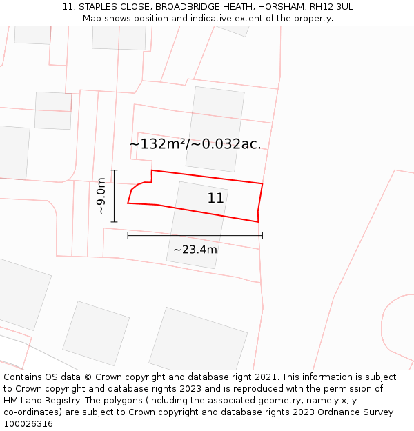 11, STAPLES CLOSE, BROADBRIDGE HEATH, HORSHAM, RH12 3UL: Plot and title map