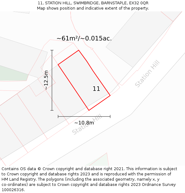 11, STATION HILL, SWIMBRIDGE, BARNSTAPLE, EX32 0QR: Plot and title map