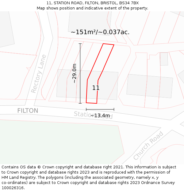 11, STATION ROAD, FILTON, BRISTOL, BS34 7BX: Plot and title map