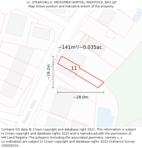 11, STEAM MILLS, MIDSOMER NORTON, RADSTOCK, BA3 2JX: Plot and title map