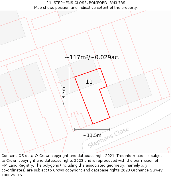 11, STEPHENS CLOSE, ROMFORD, RM3 7RS: Plot and title map