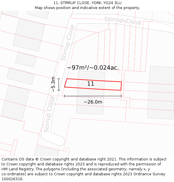 11, STIRRUP CLOSE, YORK, YO24 3LU: Plot and title map