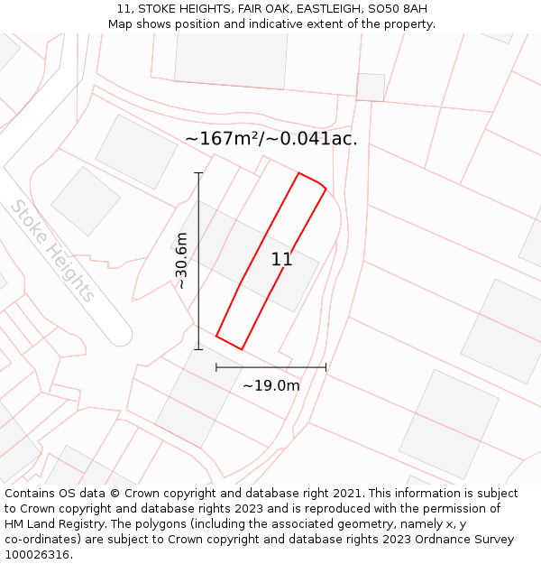 11, STOKE HEIGHTS, FAIR OAK, EASTLEIGH, SO50 8AH: Plot and title map