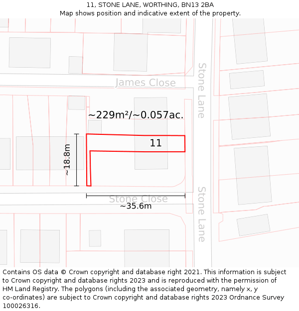11, STONE LANE, WORTHING, BN13 2BA: Plot and title map