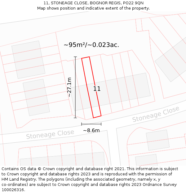 11, STONEAGE CLOSE, BOGNOR REGIS, PO22 9QN: Plot and title map