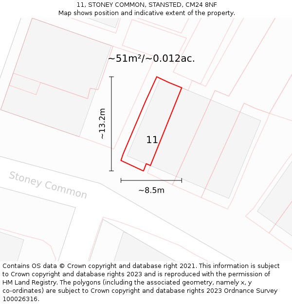 11, STONEY COMMON, STANSTED, CM24 8NF: Plot and title map