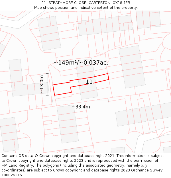 11, STRATHMORE CLOSE, CARTERTON, OX18 1FB: Plot and title map