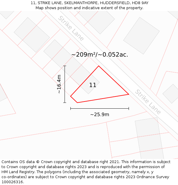 11, STRIKE LANE, SKELMANTHORPE, HUDDERSFIELD, HD8 9AY: Plot and title map