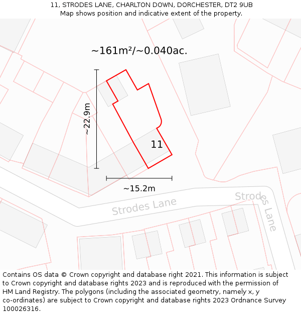 11, STRODES LANE, CHARLTON DOWN, DORCHESTER, DT2 9UB: Plot and title map