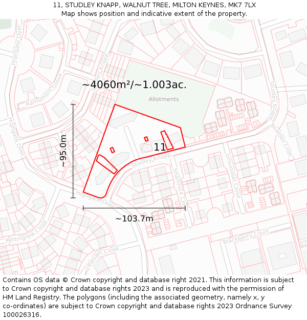 11, STUDLEY KNAPP, WALNUT TREE, MILTON KEYNES, MK7 7LX: Plot and title map