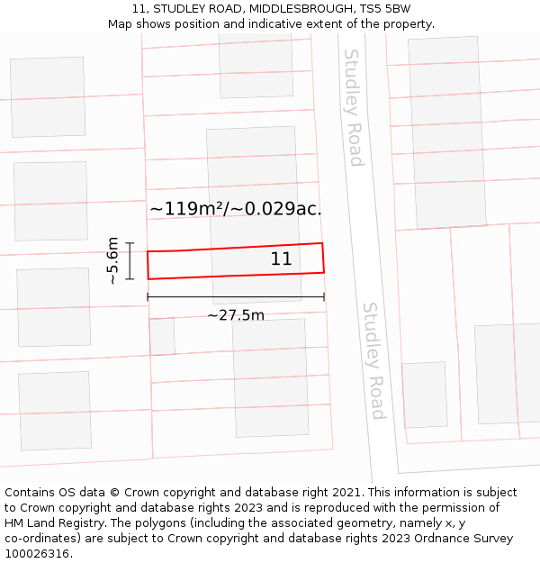 11, STUDLEY ROAD, MIDDLESBROUGH, TS5 5BW: Plot and title map