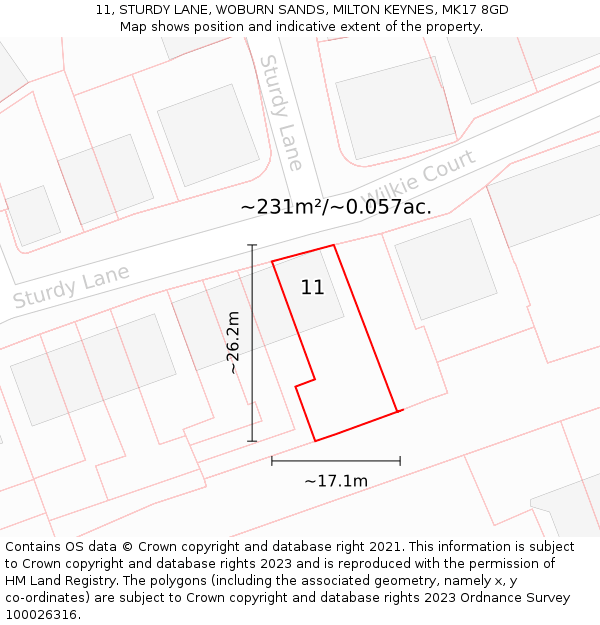 11, STURDY LANE, WOBURN SANDS, MILTON KEYNES, MK17 8GD: Plot and title map